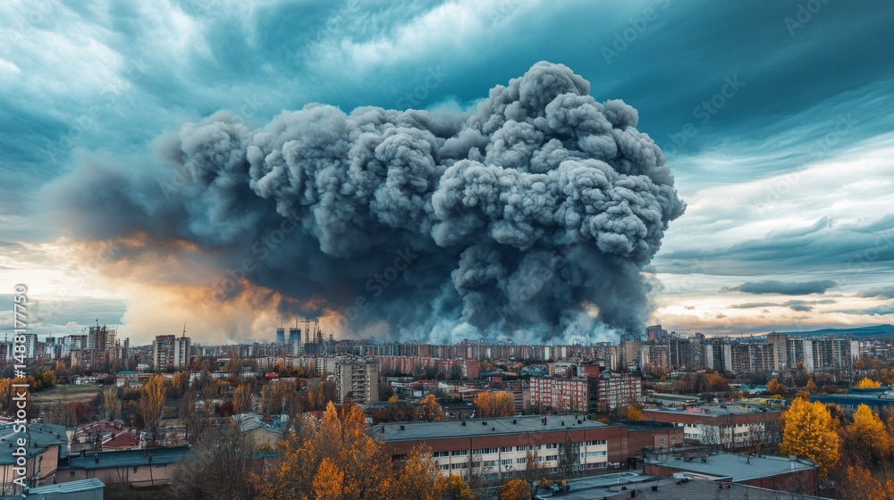 Poster a billowing cloud of gray smoke spreading across the sky from a large urban fire, partially obscurin
