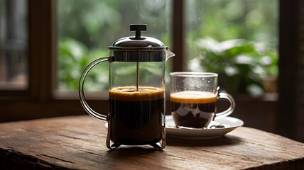 Morning French Press Coffee Brew on Wooden Table with Sunlight and Greenery in Cozy Caf&eacute; Setting.