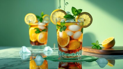 Chilled iced tea with lemon wedges, condensation on glass, colorful shadows and melting ice