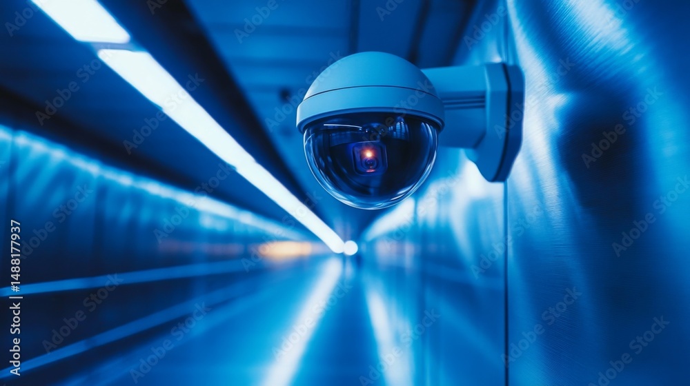 Poster a close-up of a dome-shaped security camera on a smooth metal ceiling inside a sleek, futuristic bui