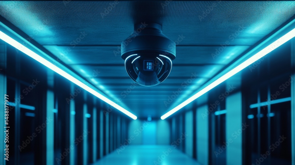 Poster a close-up of a dome-shaped security camera on a smooth metal ceiling inside a sleek, futuristic bui