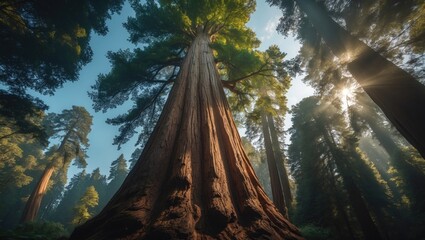 Giant redwood with detailed bark and expansive canopy, inspiring awe and highlighting the power and serenity of nature's ecosystem in the wild woods.