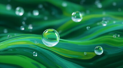 Close-Up of Glimmering Droplets on Smooth Green Surface with Wavy Texture
