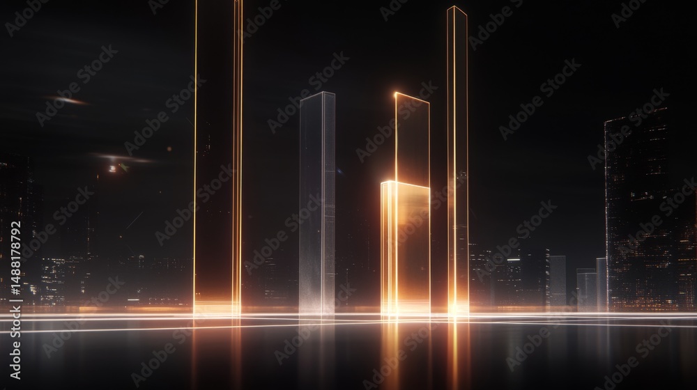 Poster A financial bar chart with translucent bars in ascending order, placed on a dark, sleek background with glowing data points floating around
