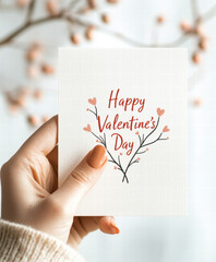 Happy valentine day card held by hand with painted nails and soft background