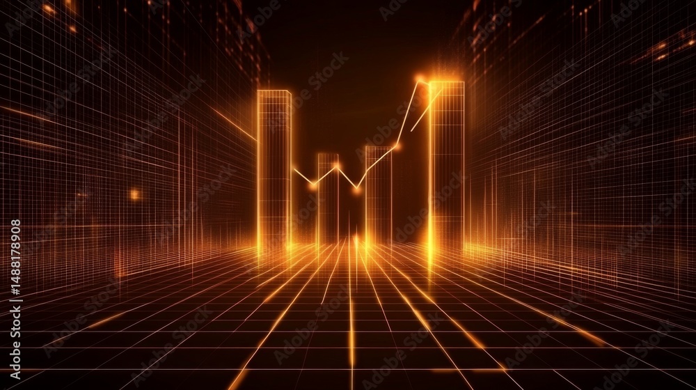 Aufkleber A futuristic D bar chart with tall, glowing columns and an upward trending arrow, hovering over a dark digital background filled with grid patterns