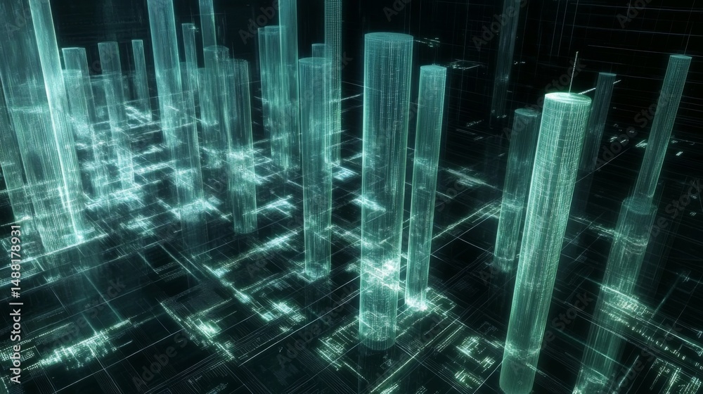 Aufkleber a futuristic d bar chart with tall, glowing columns and an upward trending arrow, hovering over a da