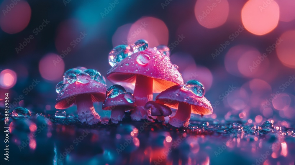 Poster a macro shot of a cluster of mushrooms on a damp forest floor, with clear water droplets enhancing t