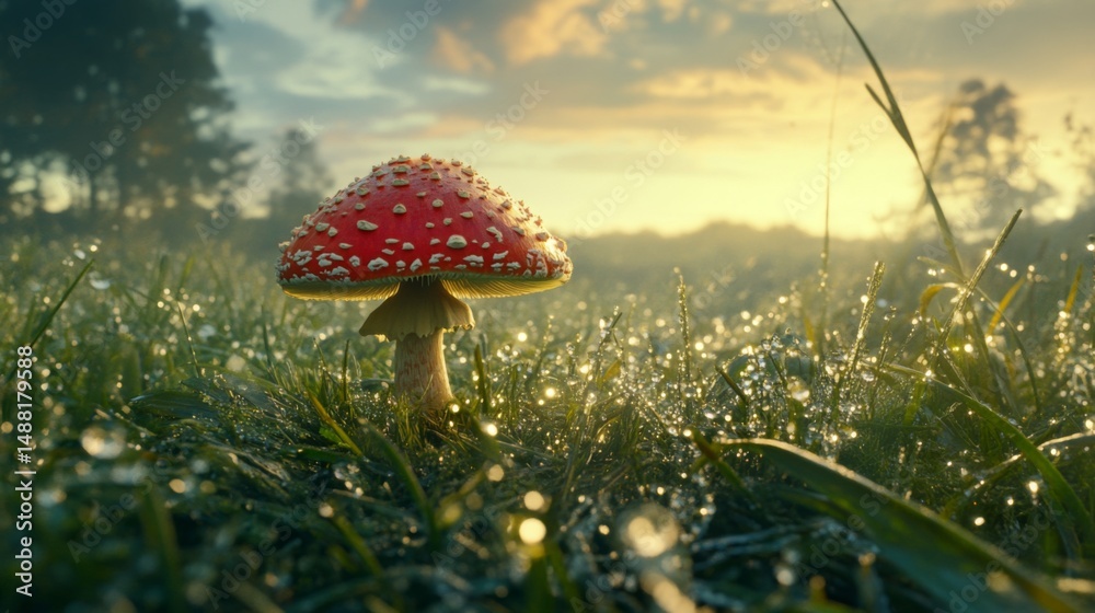Poster a low-angle view of a mushroom surrounded by dew-laden grass, with soft morning light highlighting t
