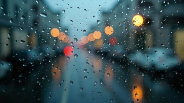 Selective focus rain droplets fall on the windows