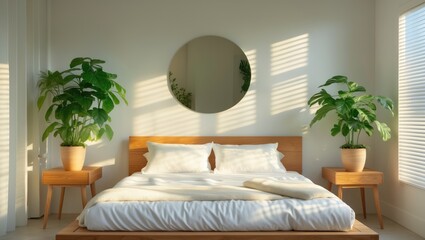 A white wall basking in sunlight with a circular mirror in a bedroom setting adorned with natural wooden furniture and attractive green plants