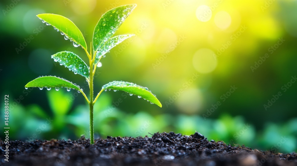 Poster a serene image of a freshly planted sapling in a peaceful meadow, with dew-covered grass and soft mo