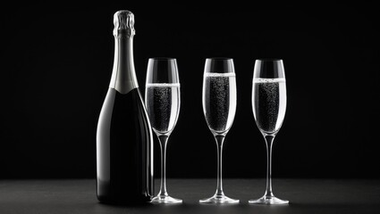 Monochrome depiction of two champagne glasses alongside a bottle, featuring outlines and highlights on a black backdrop