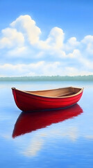 Naklejka premium Serene red rowboat on calm lake, under a blue sky with fluffy clouds; perfect for relaxation or travel brochures