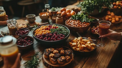 Fototapeta premium Vibrant breakfast with smoothie bowls, fresh fruit, and tea on rustic table—hands reach mindfully.