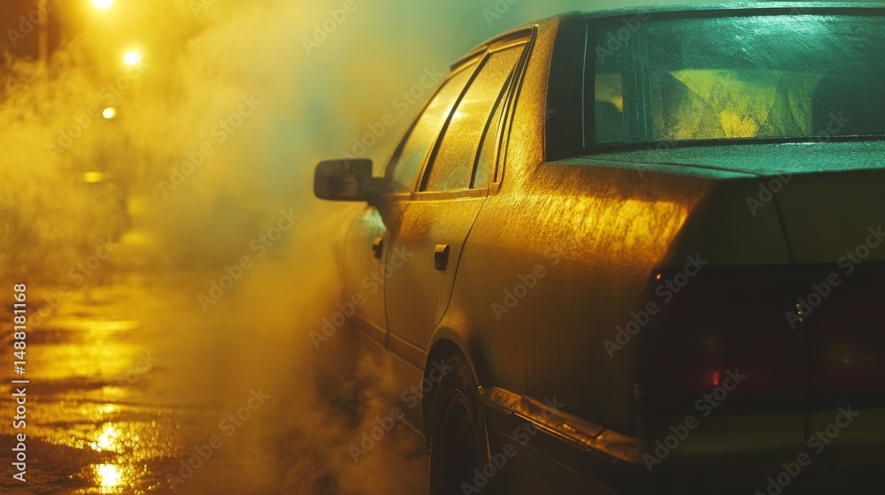 Poster smoke from a vehicle exhaust pipe slowly dissipating into the cold morning air, with soft light and 