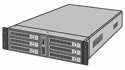 Obraz premium Black 2U Server Chassis with Three Horizontal Drive Bays on White Background – Data Center Schematic Style