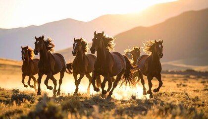 Obraz premium A group of wild horses runs freely across a sunlit, grassy plain with mountains in the background.