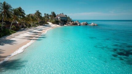 Fototapeta premium A tropical beach with crystal-clear water and white sandy shores
