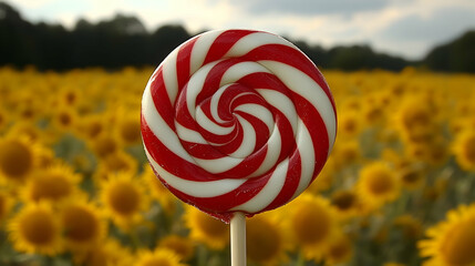 A swirly red and white lollipop contrasts with a vibrant sunflower field