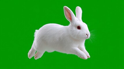 White Rabbit Leaping Through the Air Against a Bright Green Background