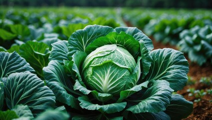 Obraz premium Organic farming scene featuring green cabbage plants in the field