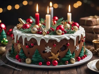 Christmas cake embellished with seasonal decorations