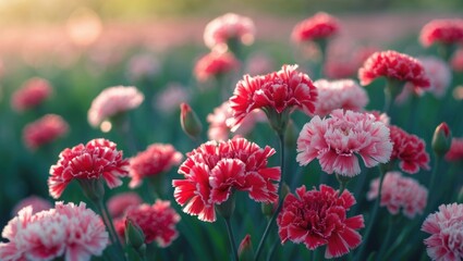 Macro shot of red carnations with a blurred background of spring flowers and greenery