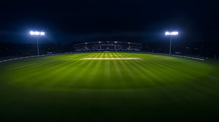 Night Cricket Stadium with Bright Floodlights and Fresh Grass Field
