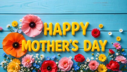 Happy Mother's Day Greeting Card with Colorful Flowers on Blue Wooden Background for Celebrating Moms.