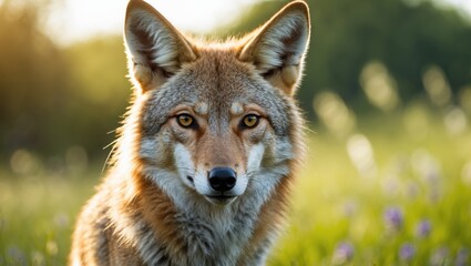 Obraz premium Close Encounter with a Wild Coyote on a Summer Day