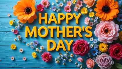 Happy Mother's Day Greeting Card with Colorful Flowers on Blue Wooden Background for Celebrating Moms.