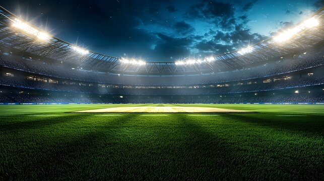 Illuminated Cricket Stadium with Grass Field Under Dramatic Sky
