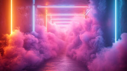 Neon lights and smoke in dark tunnel