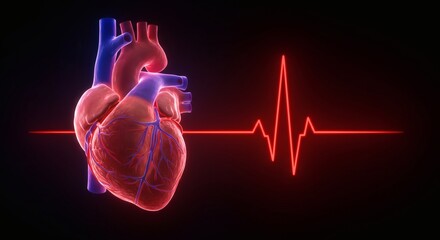 Human Heart Illustration with Ecg Heartbeat Line on a Dark Background