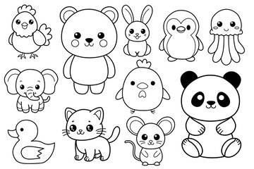 Set of cute animal doodle cartoon. Hand drawn vector illustration. Perfect for postcard, birthday, baby book, children room.