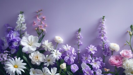 Fototapeta premium Flowers in white and purple against a backdrop