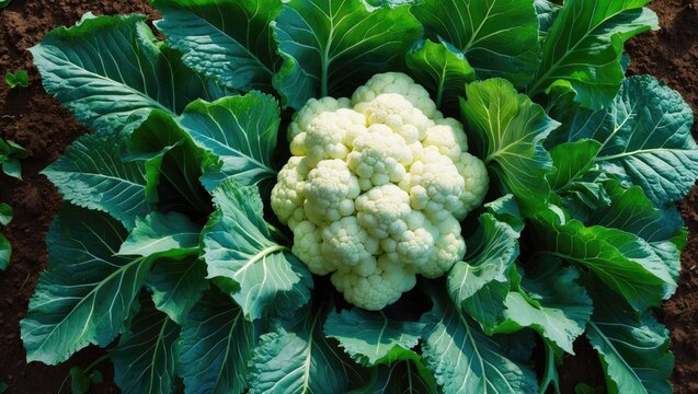 Overhead view of a fresh cauliflower head. - Powered by Adobe