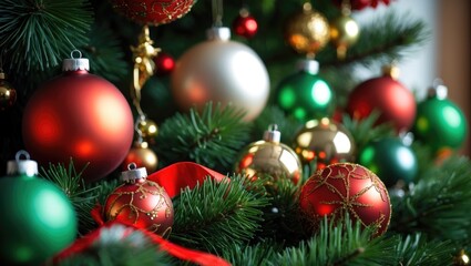 Fototapeta premium Decorating pine trees with round matte frosted ornaments