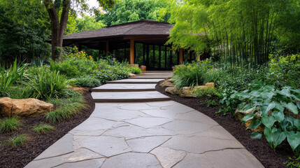 Fototapeta premium Natural stone pathway leading to serene garden with lush greenery and modern structure