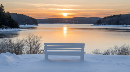 A serene winter landscape featuring a bench overlooking a tranquil lake at sunset