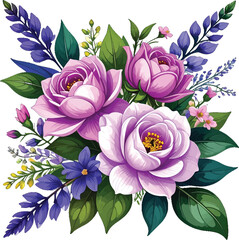 Artistic floral bouquet illustration with roses and leaves. Colorful spring flower design with elegant vintage style. Lovely purple roses and garden flowers in watercolor art