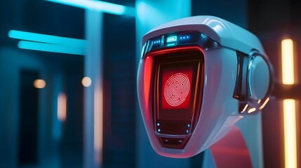 Futuristic Robot with Digital Fingerprint Scanner in Modern Setting