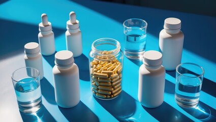Different-sized mockup medicine bottles systematically laid out on a table, showcasing a transparent supplement jar at the center and flanked by two water glasses. Aerial view.