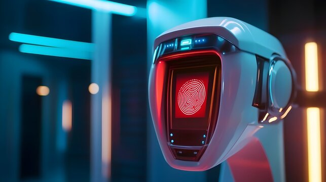 Futuristic Robot with Digital Fingerprint Scanner in Modern Setting