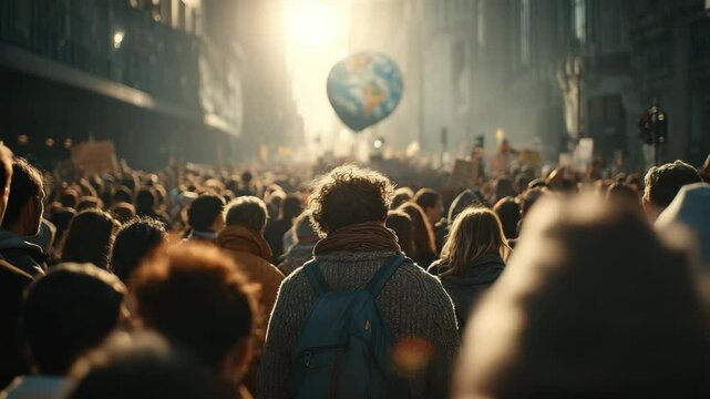 A large crowd of people gathers in a city street, with a globe balloon floating above, illuminated by sunlight.