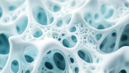 A close-up view of a light blue, porous, sponge-like structure resembling microscopic bone or cellular tissue. - Powered by Adobe