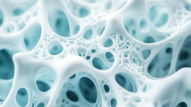 A close-up view of a light blue, porous, sponge-like structure resembling microscopic bone or cellular tissue.