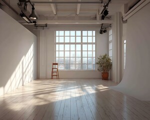 Obraz premium Light-filled creative studio. Bright studio with natural light and minimal design.