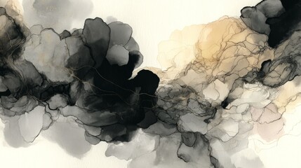 Abstract ambient album cover, expressive ink wash painting, flowing gradients of black, gray, and soft beige, layered organic shapes, subtle texture, empty space, minimalistic mood, zen-inspired